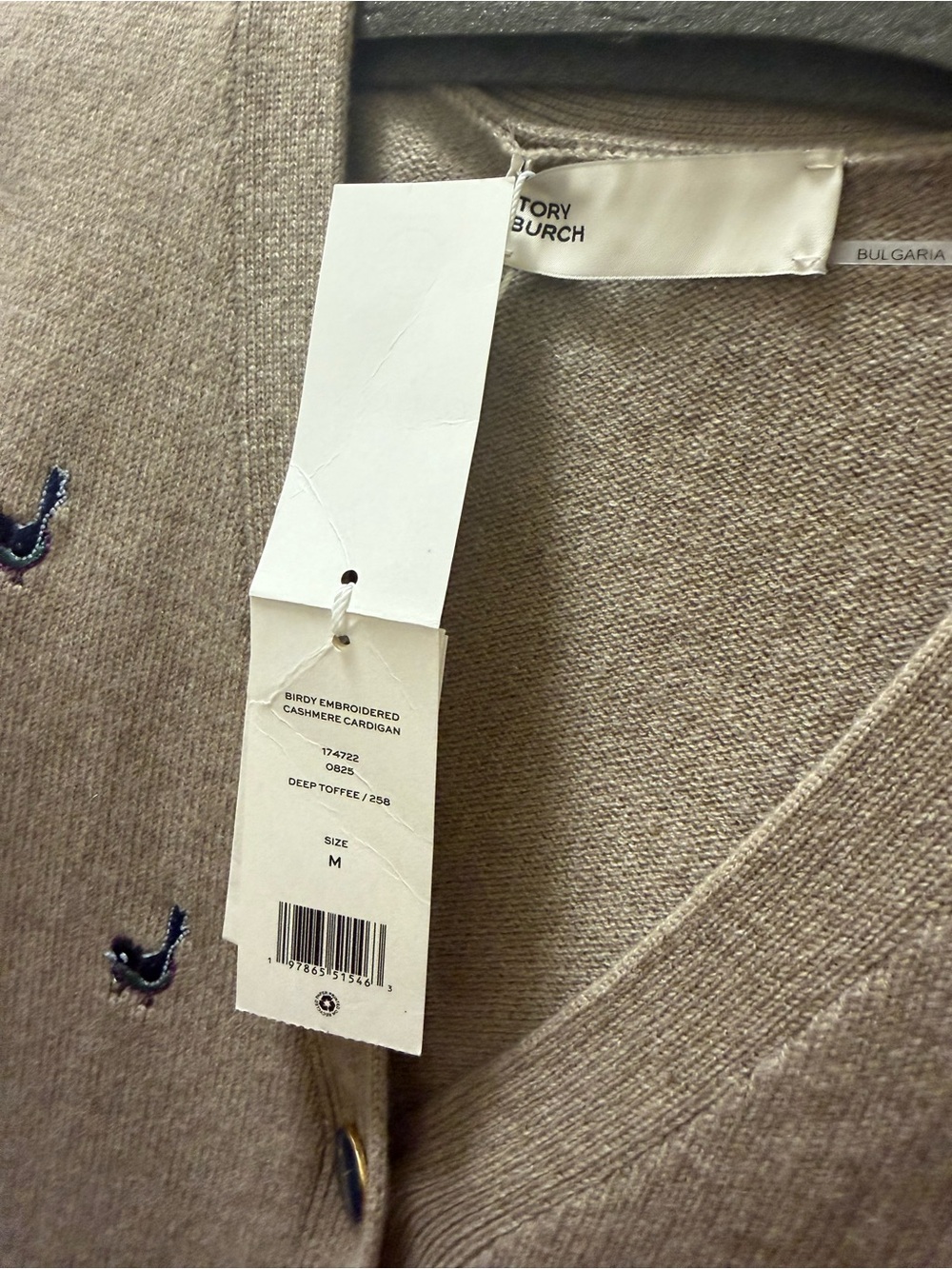 Tory Burch Classic V-Neck Embroidered Cardigan Sweater - Taupe with Navy Motifs - Picture 3 of 3